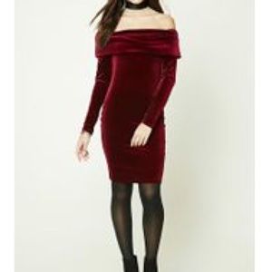 NWT F21  Off the Shoulder Burgundy Velvet Dress
